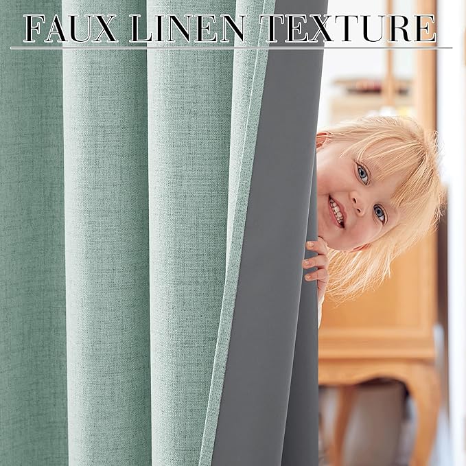 RYB HOME 100% Blackout Linen Textured Curtains 90 inches Long, Thermal Insulating Privacy Energy Saving for Bedroom Living Room Window Office Theater Baby Nursery, W 52 x L 90 in, Aqua, 2 Panels