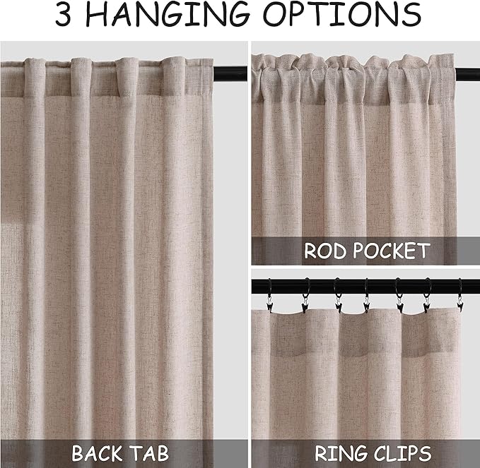 Oatmeal Linen Curtains 108 Inches Long 2 Panels Set for Living Room Back Tab Pocket Semi Sheer Modern Minimalist Extra Long Linen Curtain Light Filtering Ceiling Drapes for Large Window 40x108