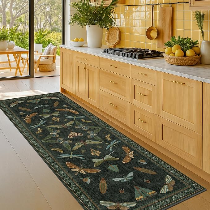 Hazo Haus Washable Insect 2x6 Runner Rug for Hallway- Stain Resistant Kitchen Runners, Floral Whimsical Indoor Floor Mat for Bathroom, Soft Non Slip with Rubber Backed, Dark Green