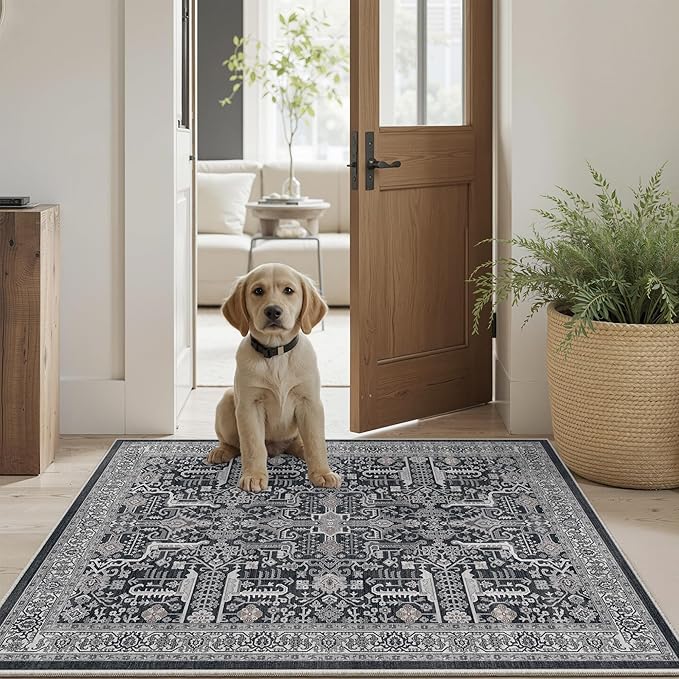 Washable 2x3 Entryway Area Rug - Small Non Slip Vintage Kitchen Runner Rugs Indoor Entrance Soft Neutral Stain Resistant Bathroom Mat Farmhouse Carpet for Bedroom Living Room Entry Laundry 2'x3' Black