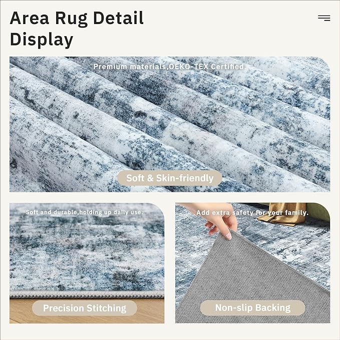 Soalmost 2x4 Washable Rugs for Kitchen, Floor, Entryway, Powder Room Small Area Rug Non-Slip Vintage Low Pile Throw Door Mat Blue/Grey