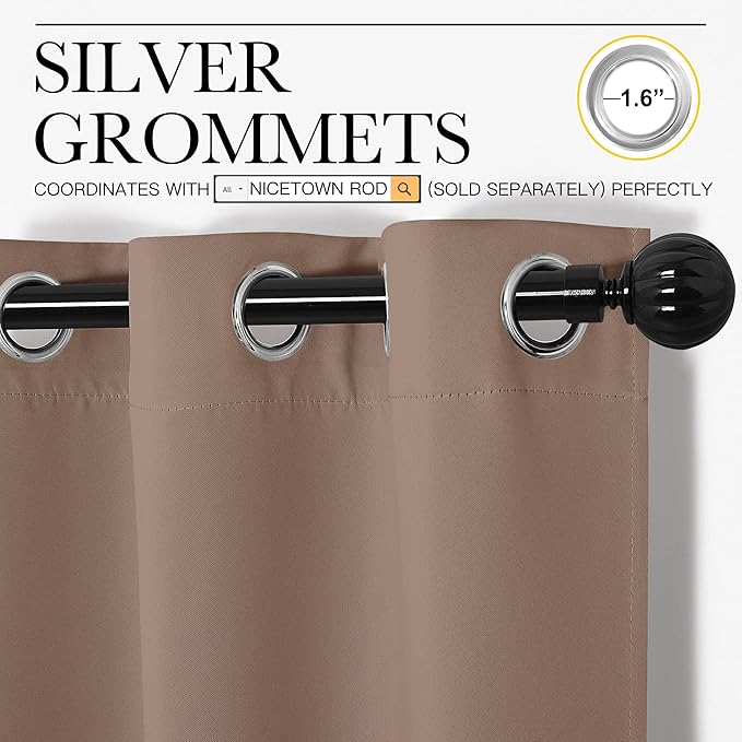 NICETOWN Kitchen Blackout Curtains and Drapes - Triple Weave Energy Saving Thermal Insulated Solid Grommet Blackout Panels for Patio (1 Pair, 55 inches by 78 Inch, Cappuccino)