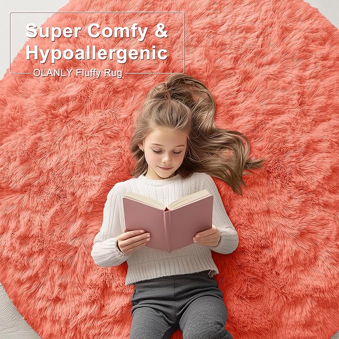 OLANLY Coral Red Round Rugs for Bedroom - Machine Washable, 2 ft Circle Area Rugs for Living Room, Soft and Fluffy Shaggy Carpet for Teen Girl and Boys, Nursery Rooms, Dorms, Home Decor Aesthetic