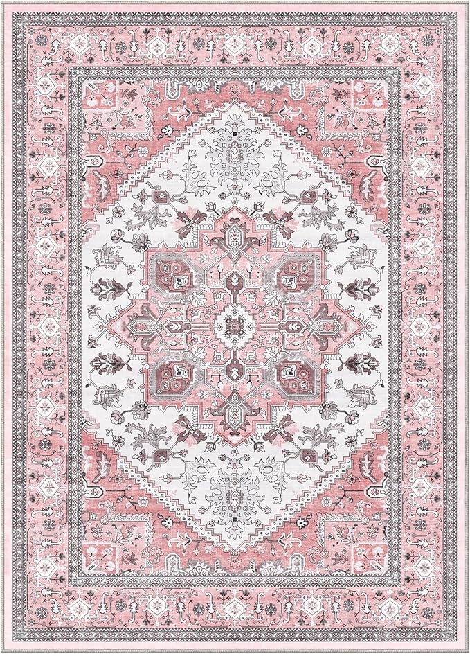 OPPODREAM Soft 10x14 Area Rugs, Washable Rugs 10x14 with Non Slip Backing, Low-Pile Faux Cashmere 10 x 14 Carpet, Pink & Cream