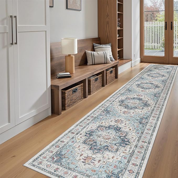 Madane Hallway Runner Rug 2x12, Extra Long Washable Runner Rugs with Rubber Backing, Non Slip Carpet Runner, Vintage Medallion Rug Runners for Kitchen Laundry Room Entryway (Blue, 2'x12')