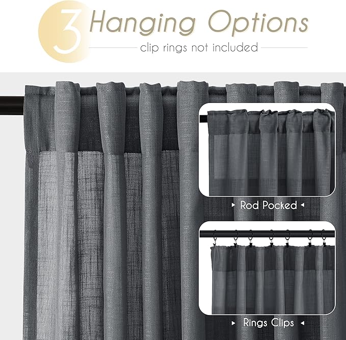Dark Gray Curtains for Living Room Back Tab Modern Farmhouse Semi Sheer Gray Curtains 45 inches Long 2 Panels Set Muted Neutral Window Curtain for Dining Room Bedroom 52x45