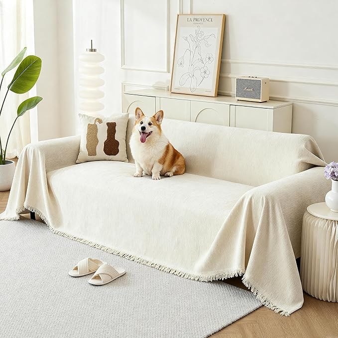 Couch Cover for Dogs, Boho Sofa Covers for 3 Cushion Couch, Chenille Sofa Slipcover for Pets Washable, L-Shape Sectional Couch Cover Soft Throw Blankets with Tassels(91x150,Cream)