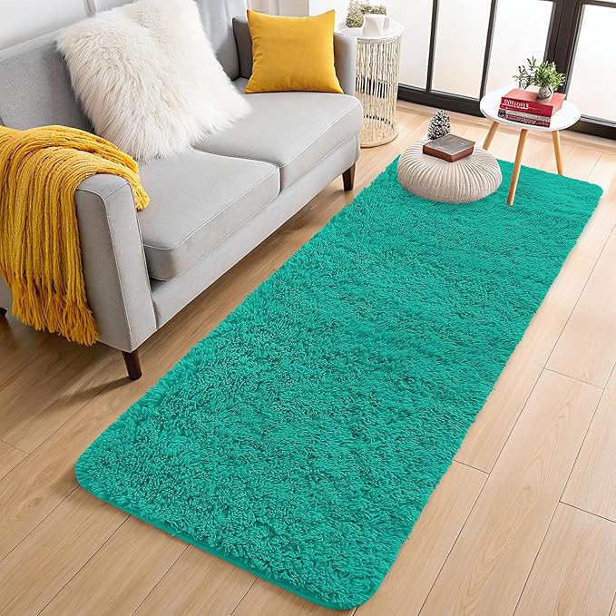 OLANLY 2x8 Machine Washable Runner Rugs for Hallway, Soft Fluffy Shaggy Bedside Rugs for Bedroom, Living Room, Indoor Floor Carpet for Kids Girls and Boys, Home Decor Aesthetic, Teal Green