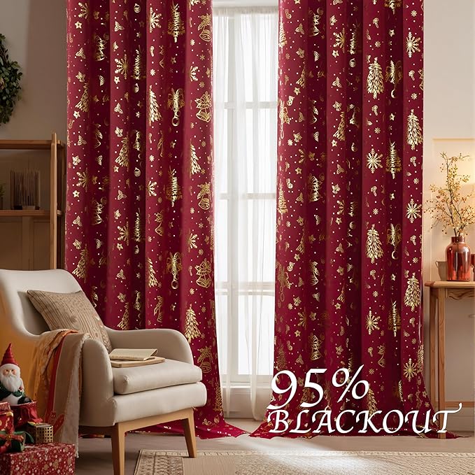 NICETOWN 2 Panels Christmas Red Curtains 42 x 84 Inch, Gold Stamped Rod Pocket Curtain Drapes for Holiday Season, Xmas Home Decor, Festive Window Treatments for Bedroom, Seasonal Curtain Set