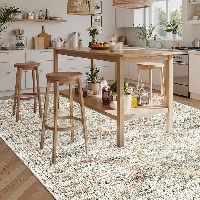 9x12 Area Rugs for Living Room, Non Slip Machine Washable Vintage Rugs, Low Pile Lightweight Large Rug for Bedroom, Dining Room, Home Office Brown Pink