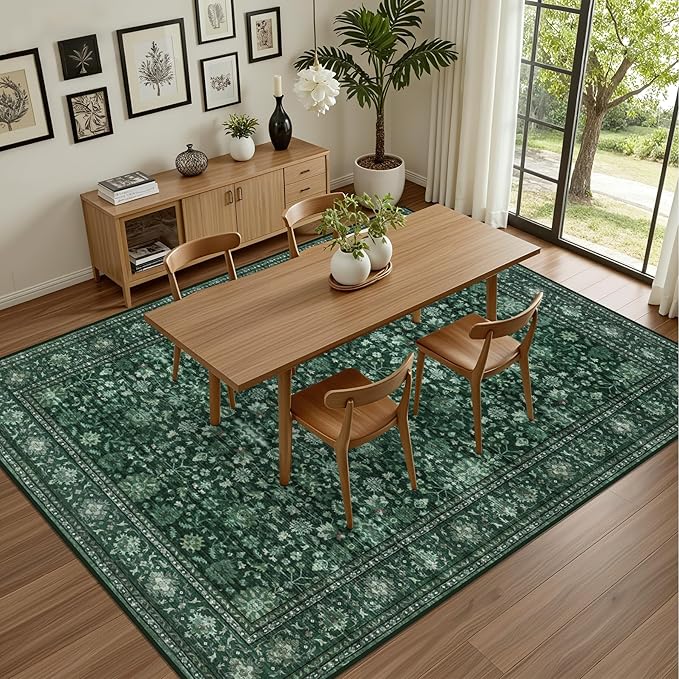 Area Rugs 10x14 Living Room Rug: Washable Rug Soft Vintage Distressed Floral Carpet Indoor Non-Slip Stain Resistant Large Carpets for Bedroom Dining Room Farmhouse Nursery Home Office Deep Green