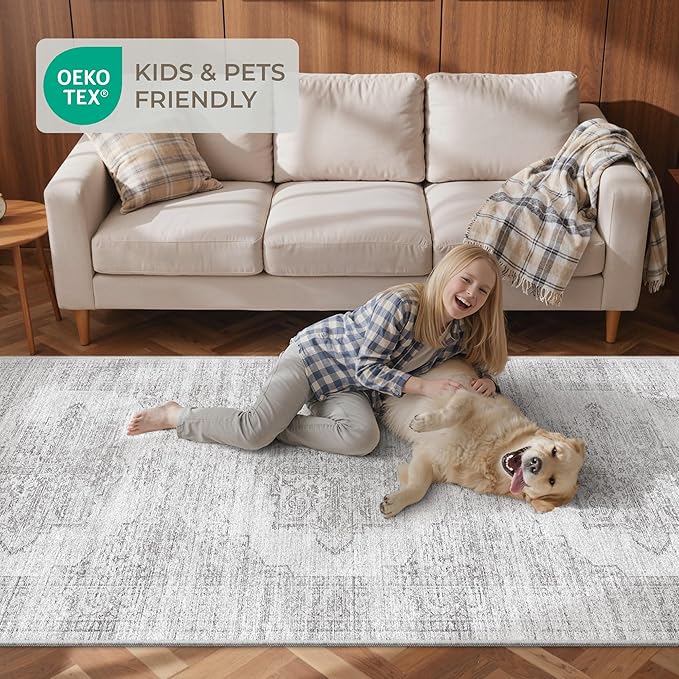 2x12 Runner Rug, Long Hallway Rugs for Dining Room, Living Room, Bedroom, Machine Washable Kitchen Carpet Runner with Rubber Backing, Soft Low Pile Indoor Rug(2'x12', Light Grey/White)