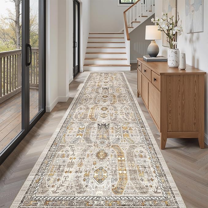 Madane Hallway Rug 3x10, Kitchen Rugs Washable Entryway Rug Vintage Kitchen Runners Non Slip Indoor Area Rug Farmhouse Carpet Runner for Bathroom Living Room Bedroom, Brown/Gold