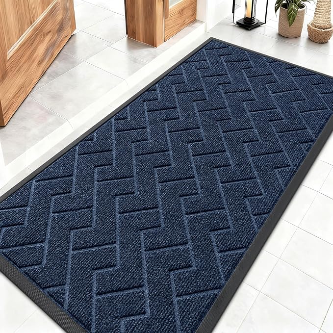 OLANLY Front Door Mat Indoor Outdoor Entrance, Waterproof All-Season, All-Weather Doormat, Sturdy Natural Rubber, Low Profile, Easy Clean Patio Porch Entryway Mat, Herringbone Brick (Blue, 47x23)
