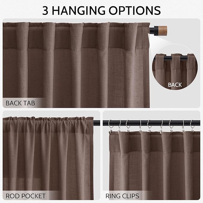 Nanspring Cappuccino Linen Curtains 84 Inch Length 2 Panels Set for Living Room Back Tab Light Filtering Semi Sheer Curtain for Bedroom Simple Style Drapes, 52x84 inch, 2 Panels