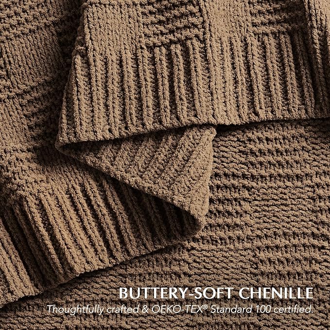 EVERGRACEHOME Modern Checkered Chenille Throw Blanket, Soft Cozy Plaid Knitted Blanket for Sofa & Couch, Decorative Knit Throw for Bed and Living Room, Camel Brown, 60" x 80"