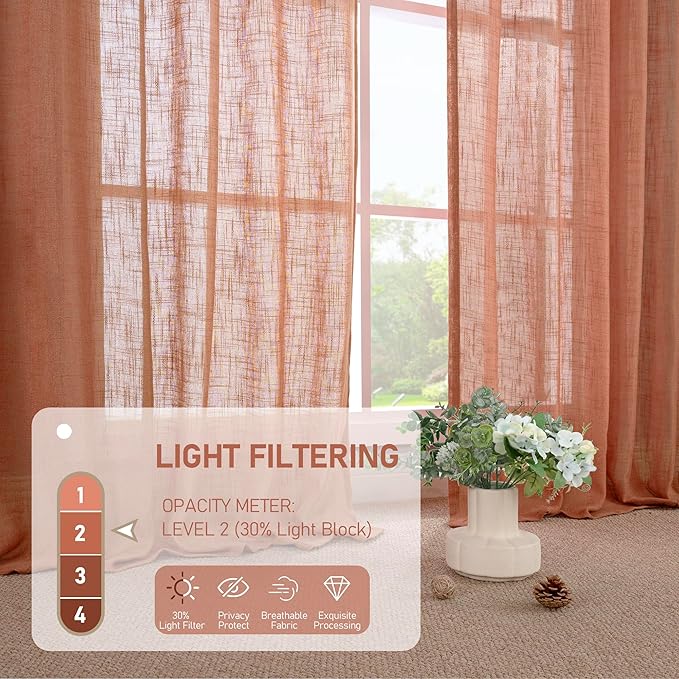 LAMIT Light Filtering Linen Curtains 63 inches Long for Bedroom, Linen Textured Semi Sheer Back Tab and Rod Pocket Terracotta Boho Drapes for Living Room, 2 Panels, 60 x 63 Inch