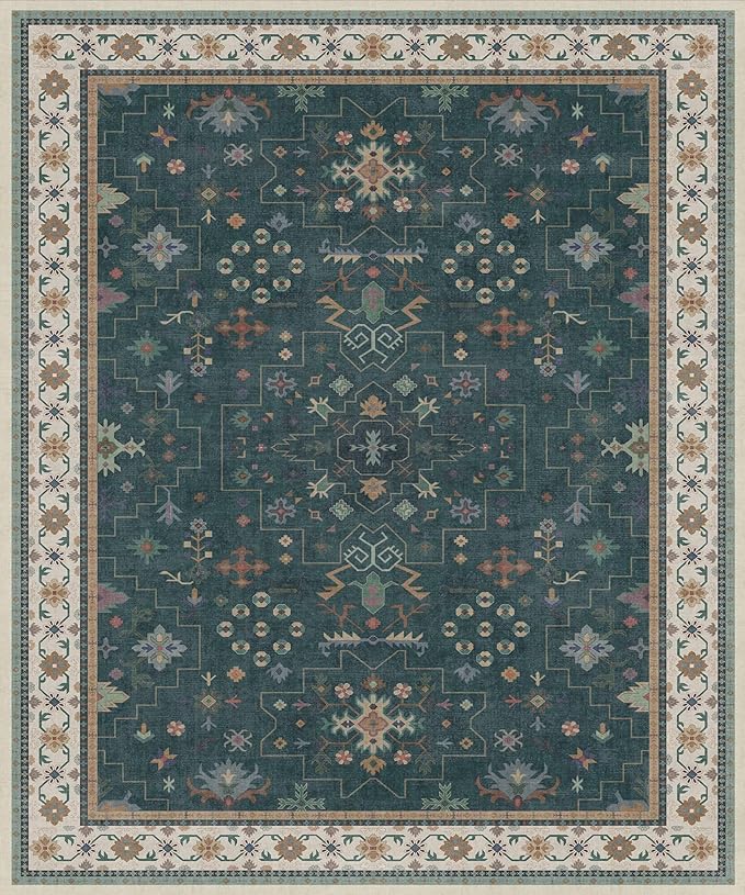 Hazo Haus Dark Green Oushak Living Room Rug 10x12 - Modern Vintage Boho Eclectic Floral Pastel, Washable Low Pile Non-Slip Extra Large Area Rugs for Dining Under Table Bedroom Lounge