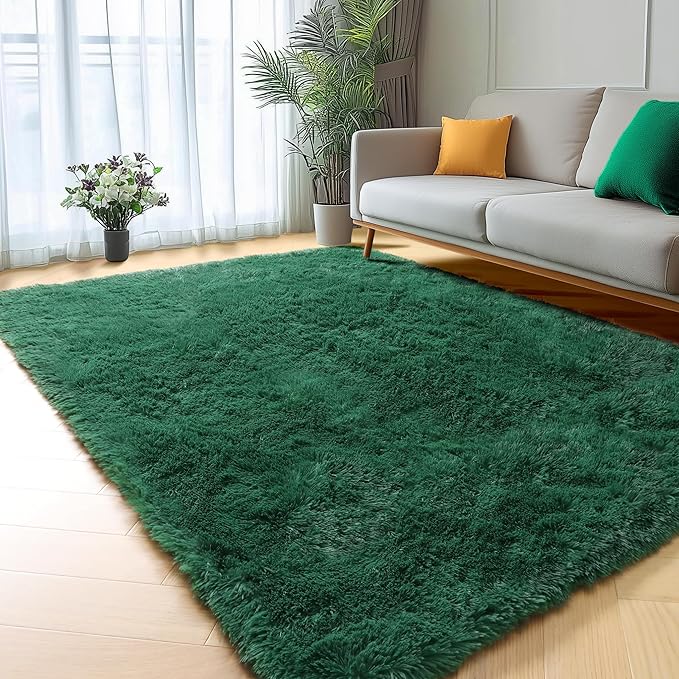 ONASAR Dark Green Area Rugs for Bedroom Living Room, 4x6 Fluffy Soft Plush Shaggy Bedside Throw Rug, Indoor Floor Carpets for Nursery Kids Girls Boys Teen Dorm Playroom Home Decor Aesthetic
