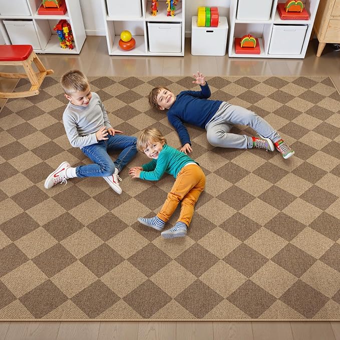 Lahome Colette Checkered Easy Jute Rug 8x10, Washable Rugs for Living Room Dining Room Farmhouse Indoor Outdoor Mat, Neutral Checkerboard Non Slip Black Carpet for Office Backyard Patio