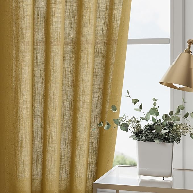 Gold Linen Curtains 63 Inches Long 2 Panel Sets for Living Room Bedroom Rod Pocket Back Tab Light Filtering Drape for Kitchen Window Short Protect Privacy Curtain Modern Farmhouse Decor 52x63