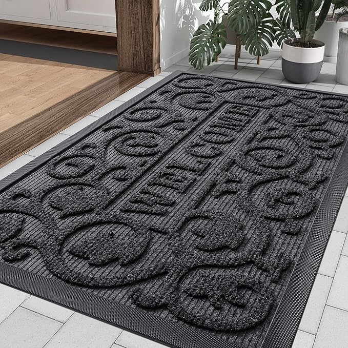 Smiry Welcome Door Mat Outside Entrance, Heavy Duty Trap Dirt and Moisture Easy Clean Low Profile Patio Porch Indoor Outdoor Front Doormat for Entry, 35x23 Inch, Grey
