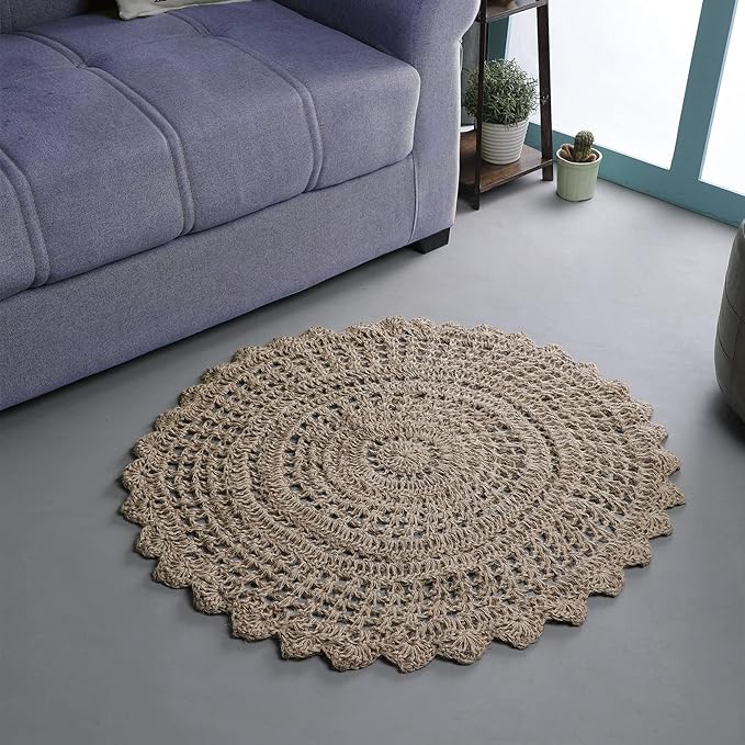 Hausattire Hand Woven Jute Crochet Rug, 3’ Round – Natural, Anti-Slip Accent Boho Entry Area Rugs for Kitchen, Living Room I Farmhouse Decorative Floor Rug, 3 Feet Round
