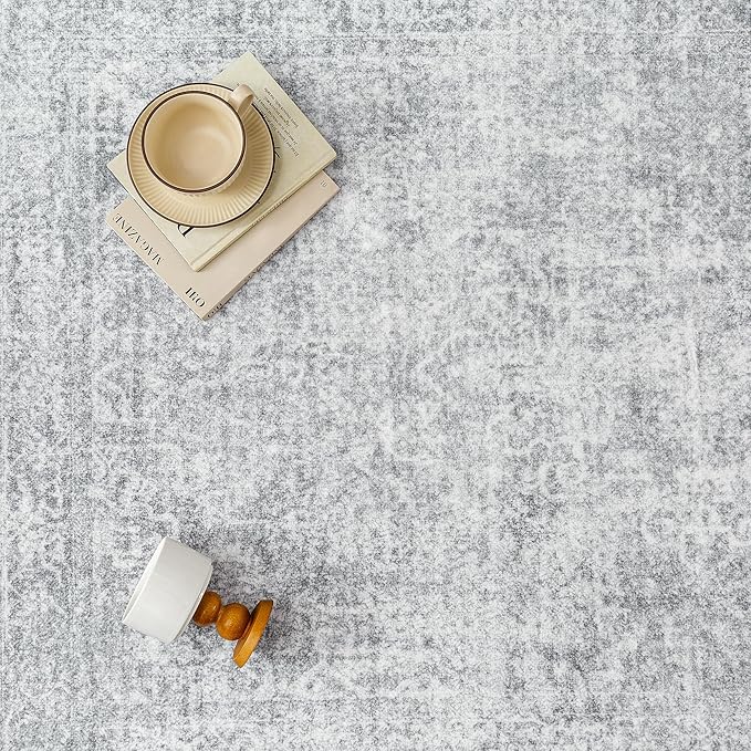 PureCozy 5x7 Area Rug Washable Vintage Living Room Carpet Large Indoor Non Slip Grey Bedroom Distressed Low Pile Retro Accent Throw Rug for Dining Room
