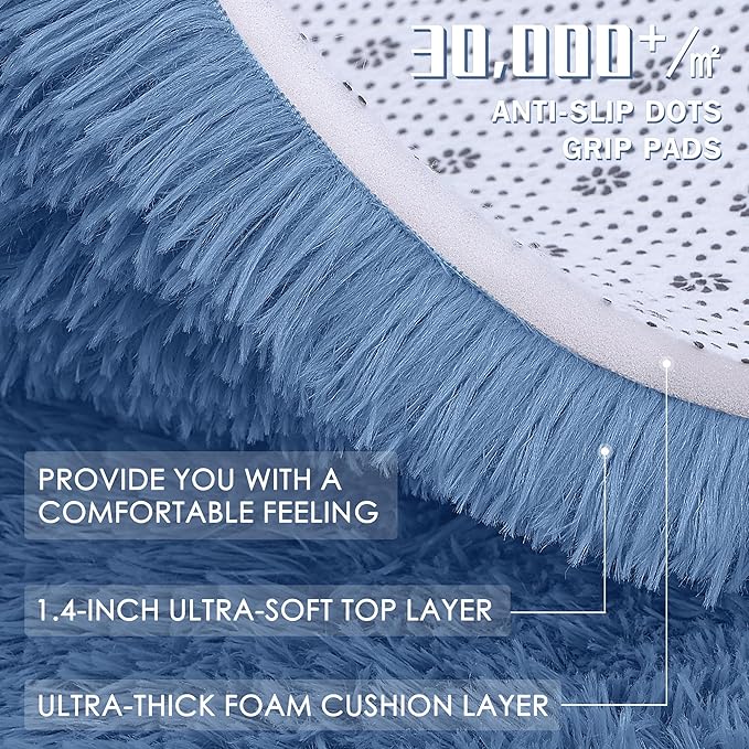 OLANLY Blue Round Rugs for Bedroom - Machine Washable, 7 ft Circle Area Rugs for Living Room, Soft and Fluffy Shaggy Carpet for Teen Girl and Boys, Nursery Rooms, Dorms, Home Decor Aesthetic
