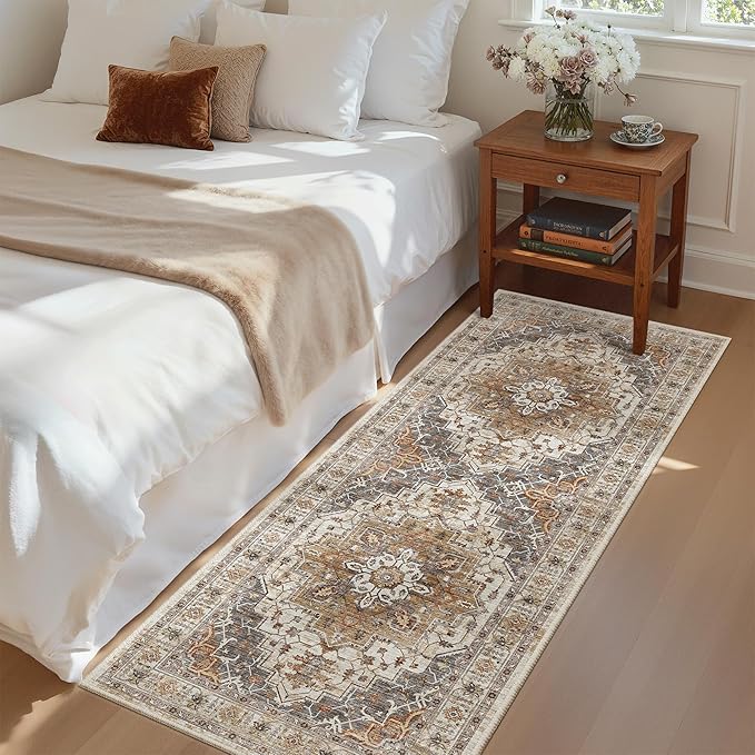 Madane Washable Runner Rug - 2x6 Rug Runners for Hallways 6 Feet Non Slip Vintage Kitchen Runner Rug Ultra-Thin Bathroom Runner Rugs Carpet Laundry Room Bedroom (2x6ft, Turmeric/Grey)