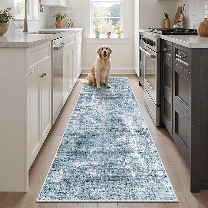 Runner Rug 2'x6' Abstract Washable Non-Slip Runner Rugs for Kitchen Bathroom Laundry Room Blue Vintage Floor Carpet Runners for Hallway Entryway