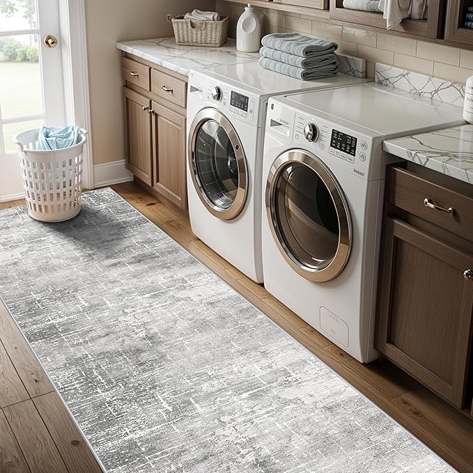 Washable 2x10 Kitchen Runner Rug: Abstract Farmhouse Bathroom Entryway Rug Soft Stain-Resistant Hallway Floor Mat Non-Slip Indoor Non-Shedding Carpet for Nursery Living Room Bedroom (2x10,Light/Grey)