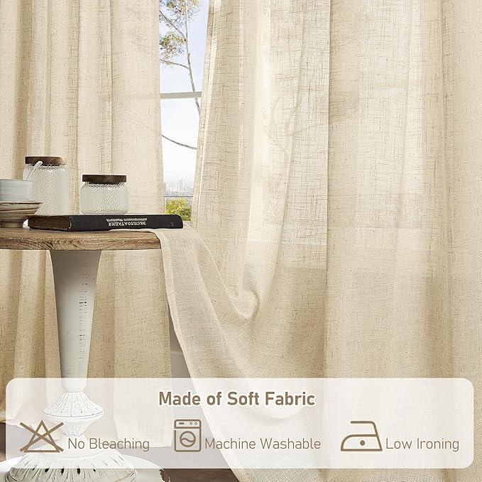 LAMIT 96 inch Linen Curtains for Bedoom, Light Filtering Semi Sheer Panels Back Tab and Rod Pocket Floor to Ceiling Curtains for Living Room, 2 Panels Set, Linen, 52 x 96 Inch
