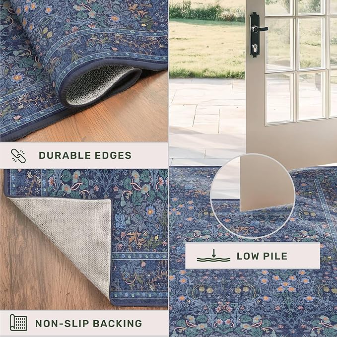 Hazo Haus Non Slip 2x10 Dark Blue Hallway Runner - 10ft Long Runner Rugs, Washable Kitchen Floor Mat - Vintage Navy Floral Design Décor