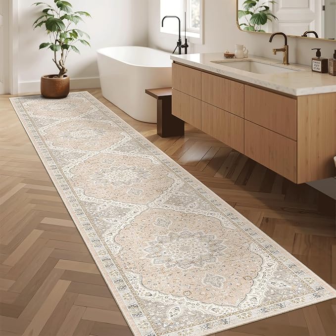 Madane Hallway Runner Rug 2x12, Extra Long Washable Runner Rugs with Rubber Backing, Non Slip Carpet Runner for Hallway, Vintage Rug Runners for Kitchen Laundry Room Entryway (Pink/Gray, 2'x12')