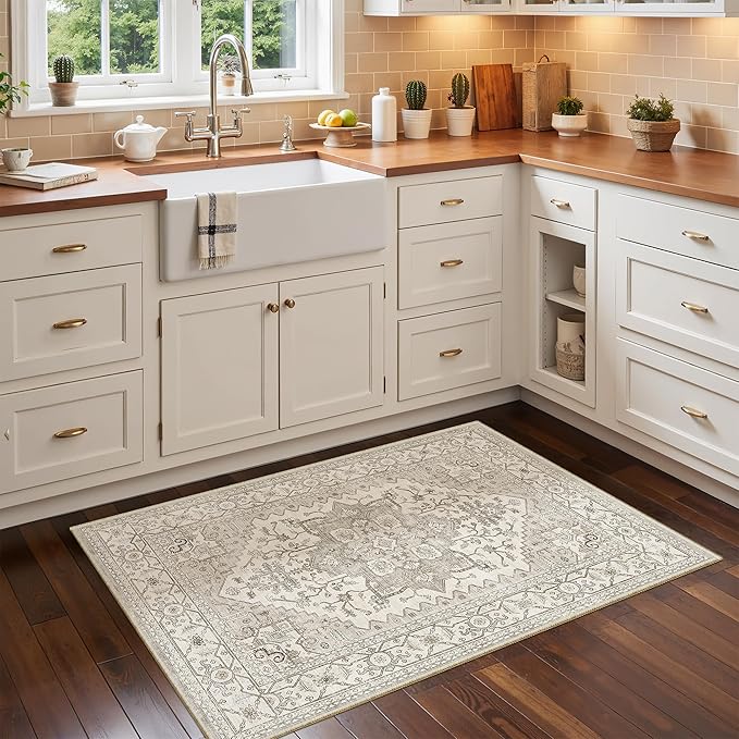 Madane Washable Area Rug 2x3, Small Entryway Rug Non-Slip Vintage Door Mat Indoor Entrance, Low Pile Floor Carpet for Inside Front Door Bedroom Kitchen Entry Laundry (2'x3', Beige/Brown)
