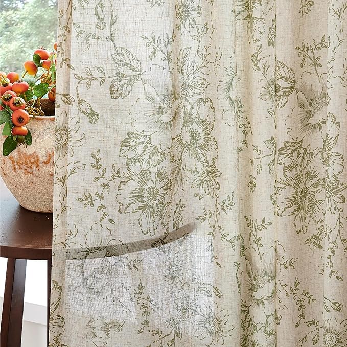 jinchan Linen Blend Floral Curtains for Living Room 84 Inch Length Sage Green Printed Curtain Rod Pocket Back Tab Farmhouse Peony Flower Patterned Drapes Bedroom Curtains Set 2 Panels