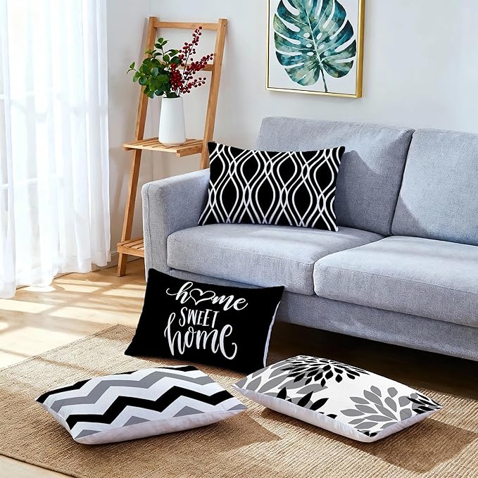 Hexagram Geometric Black Pillow Covers 12x20 Set of 4, Decorative Outdoor Boho Modern Throw Pillow Covers, Home Sweet Home Farmhouse Cushion Case for Couch Sofa Bedroom Indoor Decor(No Insert)