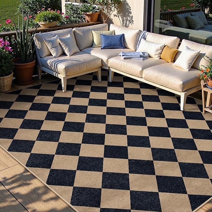Lahome Colette Checkered Easy Jute Patio Rug, 6x9 Washable Indoor Outdoor Rug, Farmhouse Neutral Non Slip Non Shedding Low Pile Floor Carpet for Deck Living Dining Room Office Mudroom