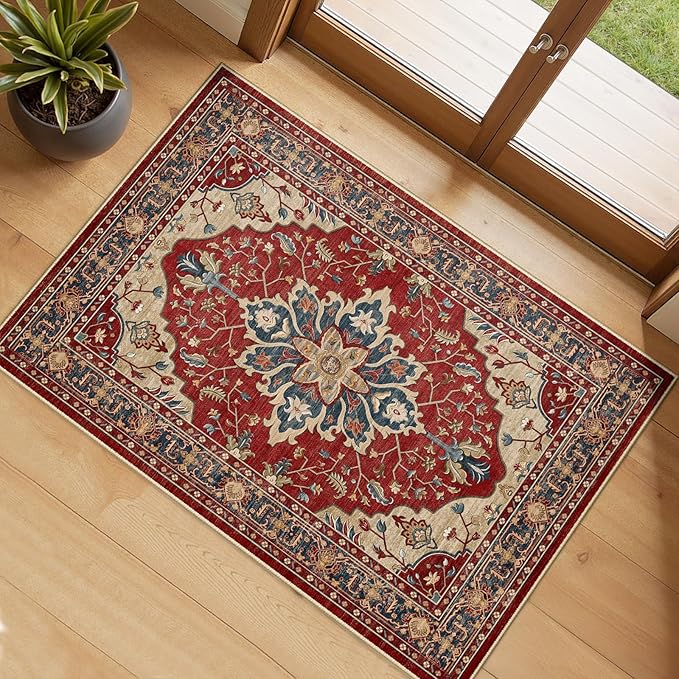 RELEANY Area Rugs 2'6''x4' Kitchen Rugs Entry Rug Small Rugs for Entryway Kitchen Bathroom Door Mat Indoor Entrance,Washable Non Slip, Red Blue