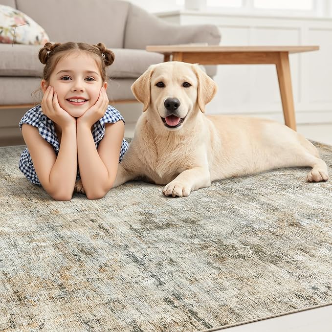 Soalmost 6x9 Abstract Area Rugs for Living Room 6 x 9 Washable Non Slip Low Pile Rugs for Bedroom Dining Room Foldable Thin Brown Grey