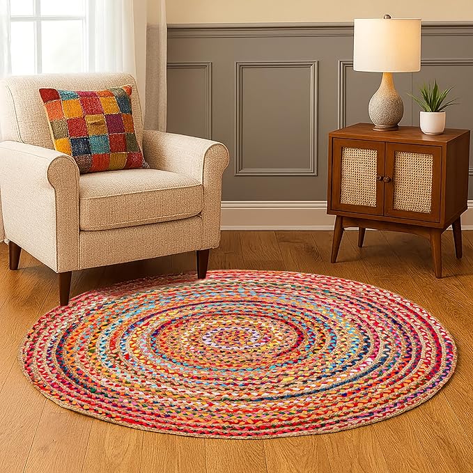 Hausattire Bohemian Braided Rug 4' Round - Multi Color, Circle Farmhouse Jute Cotton Area Rag Rug for Kitchen, Kids Bedroom, Playroom | Colorful Hand Woven Reversible Pet Friendly Carpet