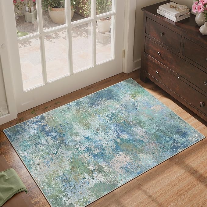 2x3 Rugs for Entryway Entrance Kitchen Bathroom, Machine Washable Rug Modern Abstract Soft Area Rug, Low Pile Indoor Floor Carpet with Non Slip Backing, Blue Green