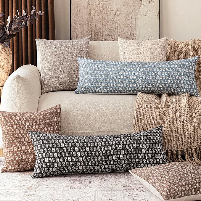 Foindtower Set of 2 Decorative Neutral Body Lumbar Throw Pillow Covers Vintage Accent Farmhouse Cushion Covers Floral Home Decor for Sofa Couch Chair Bedroom Living Room,14×36 Inch,Dusty Blue