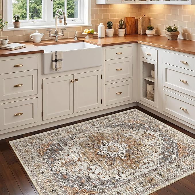 Madane Washable Entry Rug 3x4, Area Rugs for Entryway Kitchen Bathroom Door Mat Indoor Entrance, Vintage Floral Print Office Runner with Non Slip Rubber Backing, Turmeric/Grey