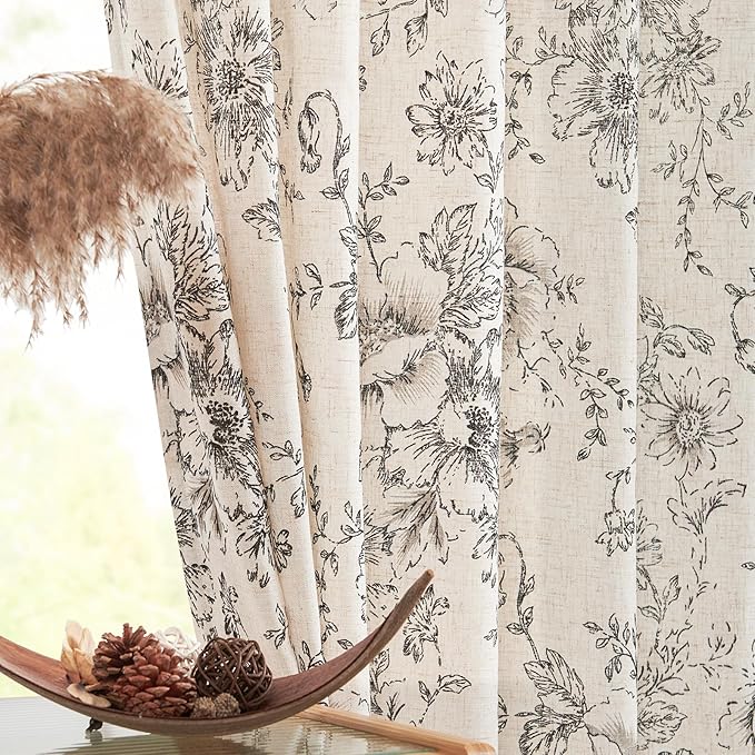 jinchan Lined Linen Blend Curtain Floral Curtains for Living Room 108 Inches Extra Long Black Peony Flower Printed Curtain Back Tab Farmhouse Patterned Drapes Bedroom Window Curtain Set 2 Panels