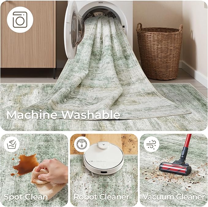 Rug Runners for Hallways Non Slip - 2x8 Runner Rug for Bedroom, Washable Runner with Rubber Backing, Soft Low-Pile Carpet for Kitchen, Laundry, Bathroom (2'x8', Green/Yellow/Ivory)