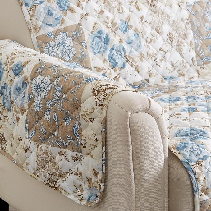 Great Bay Home Reversible Floral Patchwork Recliner Furniture Protector - Machine Washable, Scalloped Edge, Stain Resistant, Printed Furniture Cover for Dogs, Kids, and Pets (Taupe/Blue)