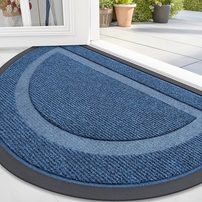 OLANLY Half Circle Door Mat Indoor Outdoor Entrance Welcome, Waterproof All-Season, All-Weather Doormat, Sturdy Natural Rubber, Low Profile, Easy Clean Patio Porch Entryway Mat, 33x21, Light Blue