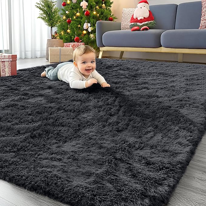 OLANLY 7x11 Machine Washable Large Area Rugs for Living Room, Bedroom, Soft Fluffy Shaggy Bedside Rug, Indoor Floor Carpet for Kids Girls and Boys, Dorms, Nursery, Home Decor Aesthetic, Black
